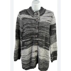 J.Jill L Petite Gray‎ Striped Wool Knit Button Up Cardigan Sweater Warm Pockets